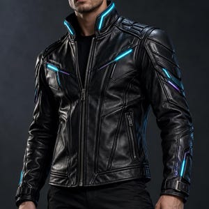 May include: A black leather jacket featuring a high collar, silver-tone metal zippers, and integrated glowing cyan light strips along the collar, chest, and sleeves. The jacket has structured paneling on the shoulders and arms.
