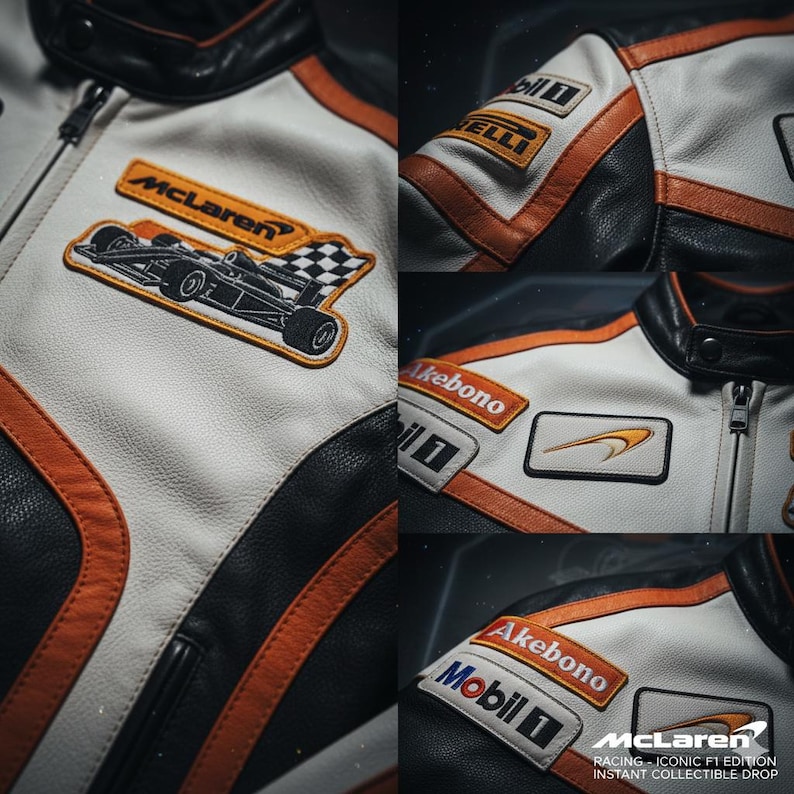Puede incluir: Primer plano de una chaqueta de cuero blanca, negra y naranja. La chaqueta presenta m&uacute;ltiples parches, incluido el logotipo de McLaren, un coche de carreras y logotipos de patrocinadores. El texto "McLaren Racing - Iconic F1 Edition Instant Collectible Drop" es visible.