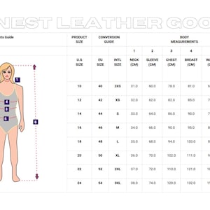 Puede incluir: Un gr&aacute;fico blanco con el texto "FINEST LEATHER GOODS" en la parte superior. El gr&aacute;fico incluye una gu&iacute;a de medidas corporales con tallas de productos, gu&iacute;as de conversi&oacute;n y medidas corporales en cent&iacute;metros. Un diagrama de una persona est&aacute; a la izquierda.