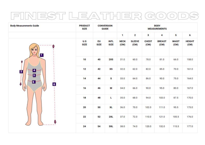 Puede incluir: Un gr&aacute;fico blanco con el texto "FINEST LEATHER GOODS" en la parte superior. El gr&aacute;fico incluye una gu&iacute;a de medidas corporales con tallas de productos, gu&iacute;as de conversi&oacute;n y medidas corporales en cent&iacute;metros. Un diagrama de una persona est&aacute; a la izquierda.