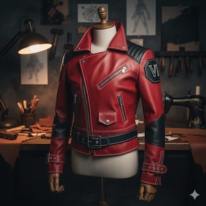 Może przedstawiać: Czerwona skórzana kurtka z czarnymi akcentami, prezentowana na manekinie. Kurtka ma asymetryczny zamek błyskawiczny, pasek w talii i naszywkę z literami "VI".