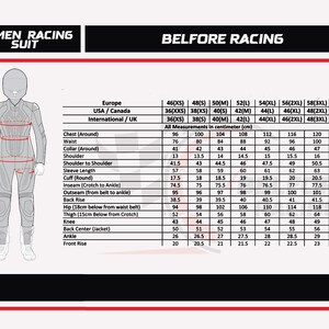 May include: A measurement chart for a women's racing suit, with sizes ranging from 46(XS) to 60(4XL). Measurements are in centimetres, including chest, waist, collar, shoulder, and sleeve length. The text "WOMEN RACING SUIT" is at the top.