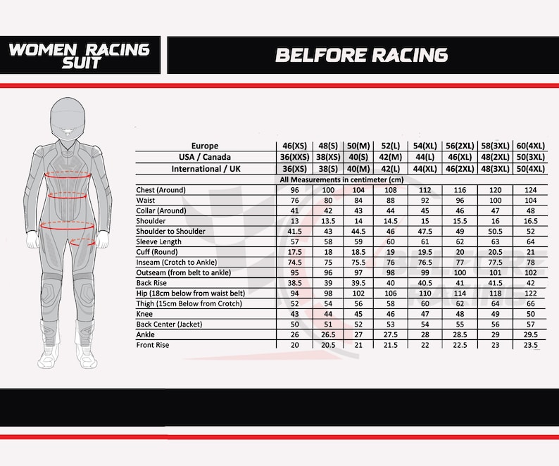 May include: A measurement chart for a women's racing suit, with sizes ranging from 46(XS) to 60(4XL). Measurements are in centimetres, including chest, waist, collar, shoulder, and sleeve length. The text "WOMEN RACING SUIT" is at the top.