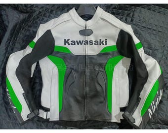 Chaqueta de cuero para moto Kawasaki Ninja Racing: estilo motero de piel de vaca