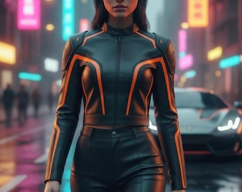 Chaqueta de motociclista de piel de cordero negra hecha a mano - Top corto cyberpunk inspirado en McLaren
