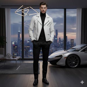 May include: A white leather jacket with black trim and a black turtleneck. The jacket has a classic biker style with a zipper closure and a small pocket. The text "FINESTLEATHER" is visible on the jacket.