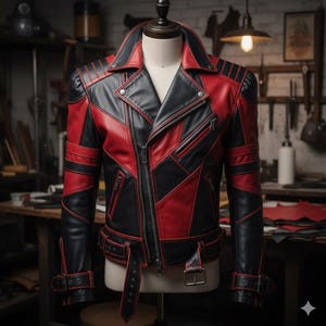 Może przedstawiać: Czarna i czerwona skórzana kurtka motocyklowa z asymetrycznym zapięciem na zamek błyskawiczny. Kurtka posiada kołnierz z klapami, wiele kieszeni i pasek w talii. Projekt zawiera panele z czerwonej i czarnej skóry.
