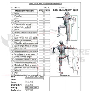 May include: A form for bespoke tailoring measurements, with a body diagram showing numbered measurement points in cm. The form includes sections for rider details, body measurements, and suit customisation options. The text "BELFORE RACING" is at the top.