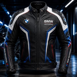 May include: A black leather motorcycle jacket featuring white and blue accents, a stand-up collar, and a central zip. The chest displays the BMW logo and the text BMW MOTORRAD. The sleeves also feature the text BMW MOTORRAD with small red, blue, and white stripes.