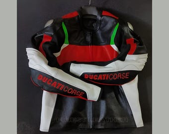 Red & White Leather Motorcycle Racing Jacket: CE Armor, Cowhide Biker Jacket
