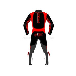 May include: A black and red racing suit with tribal-style red accents on the shoulders and arms. The suit has a zipper down the front and the text "G1 FREE" in red on the back. The legs are grey and white.