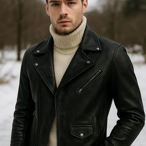 Men Leather Jacket Black Genuine Men Leather Jacket Real Sheepskin biker jacket Motorcycle Jacket handmade Biker jacket for dad men
