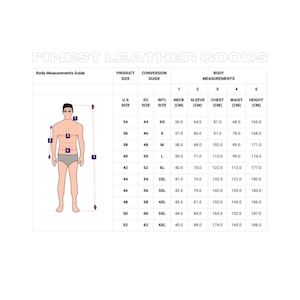 Puede incluir: Una gu&iacute;a de medidas corporales para art&iacute;culos de cuero, con una figura masculina y puntos de medici&oacute;n numerados. Incluye conversiones de tallas de EE. UU. a la UE e internacionales, con medidas en cm para cuello, manga, pecho, cintura y altura.