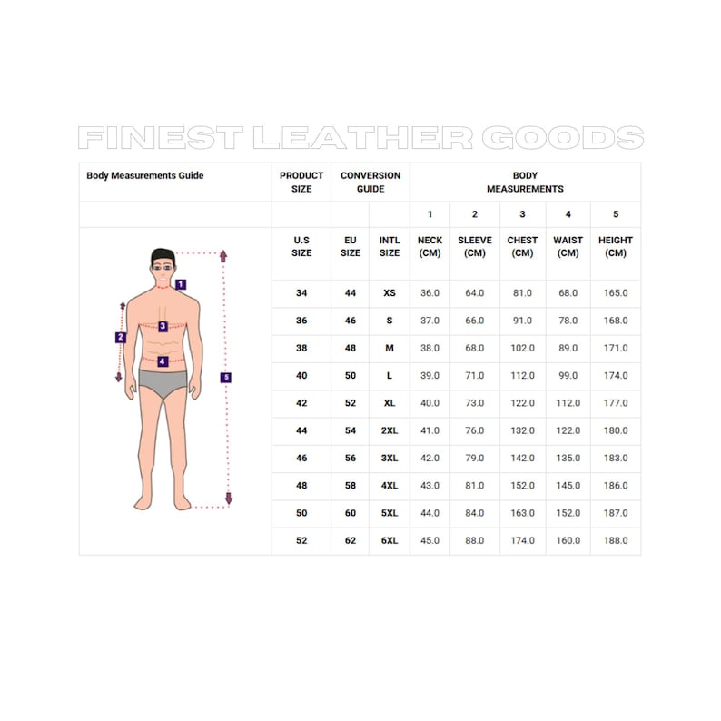 Puede incluir: Una gu&iacute;a de medidas corporales para art&iacute;culos de cuero, con una figura masculina y puntos de medici&oacute;n numerados. Incluye conversiones de tallas de EE. UU. a la UE e internacionales, con medidas en cm para cuello, manga, pecho, cintura y altura.