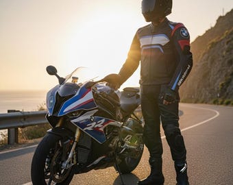 Chaqueta de moto de cuero hecha a mano inspirada en BMW Motorrad: Armadura de carreras de piel de vacuno
