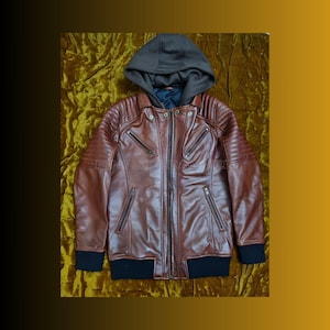 Giacca in pelle da uomo marrone Giacca in vera pelle da uomo Giacca da motociclista in vera pelle di pecora Giacca da motociclista con cappuccio Giacca da cosplay fatta a mano per papà uomo