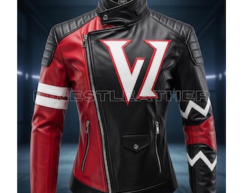 Chaqueta de cuero para cosplay ULTRAKILL V1 / Estilo motociclista para videojuegos en rojo y negro / Prenda exterior hecha a mano con diseño de fan art