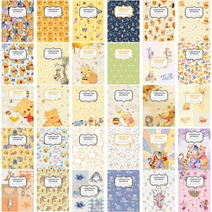 Pode incluir: Uma coleção de trinta cadernos com várias ilustrações de personagens do Ursinho Pooh, padrões e motivos de mel. Cada capa exibe uma etiqueta branca central com o texto Composition Notebook.
