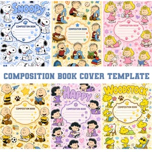 Pode incluir: Seis modelos de capas para cadernos com personagens Peanuts. Os designs incluem Snoopy em azul, Linus em amarelo, Sally em rosa, Charlie Brown em amarelo, Lucy em roxo e Woodstock em amarelo, cada um com uma área central para etiquetas.