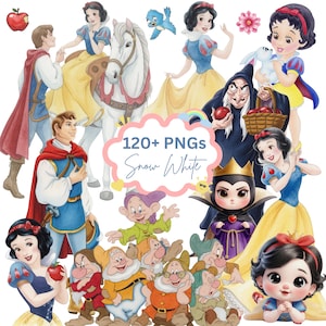 Pode incluir: Ilustrações em aquarela de personagens da Branca de Neve, incluindo Branca de Neve, o Príncipe, a Rainha Má e os sete anões. A imagem inclui o texto "120+ PNGs Snow White". Os personagens são retratados em várias poses.