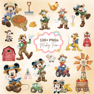 Peut inclure: Illustrations à l'aquarelle de Mickey Mouse, Minnie Mouse, Donald Duck, Dingo et Pluto en tenue de ferme. L'image comprend des animaux de la ferme, des outils, un tracteur et le texte "130+ PNGs Mickey Farm."