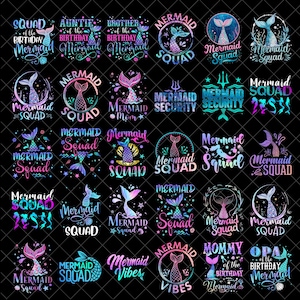 Puede incluir: Una colección de diseños coloridos con temática de sirenas sobre un fondo negro. Cada diseño presenta una cola de sirena y texto como "Mermaid Squad", "Mermaid Vibes" y "Auntie of the Birthday Mermaid". Los diseños utilizan una variedad de fuentes y colores.
