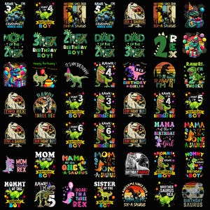 May include: A collection of colorful dinosaur-themed birthday designs on a black background. The designs include text such as "Birthday Boy," "Rawr," and "Awesome Since 2020," along with dinosaur illustrations and numbers.