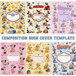 Pode incluir: Um conjunto de seis modelos de capas de cadernos com personagens da Disney, incluindo Pato Donald, Mickey Mouse, Margarida, Minnie Mouse, Pluto e Pateta. Cada capa tem uma etiqueta central para escrever com o texto Composition Book.