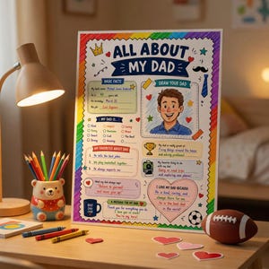 Pode incluir: Um pôster colorido "All About My Dad" com uma ilustração de desenho animado de um homem. O pôster inclui seções para fatos básicos, coisas favoritas e uma mensagem. Uma bola de futebol, giz de cera e um porta-lápis estão na mesa.