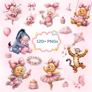 May include: A collection of whimsical illustrations featuring beloved characters in various poses. The images include Winnie the Pooh, Piglet, Eeyore, and Tigger, all in soft pink hues. The text "120+ PNGs" is also included.