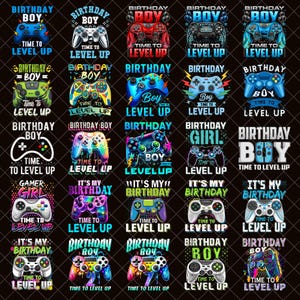 Pode incluir: Uma coleção de designs coloridos de controladores de videojogos com as frases "Birthday Boy", "Gamer Girl" e "It's My Birthday". Cada design inclui o texto "Time to Level Up". Os controladores são em várias cores, incluindo azul, verde e roxo, num fundo preto.
