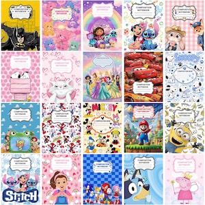May include: A collection of twenty composition notebooks featuring various cartoon characters including Batman, Care Bears, Disney princesses, Lilo and Stitch, Snoopy, Cars, Toy Story, Mickey Mouse, Mario, Minions, Sonic the Hedgehog, Bluey, and Peppa Pig.