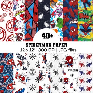 May include: A collection of digital paper designs featuring Spider-Man characters, spider webs, and logos in red, blue, black, and white. The text reads 40+ SPIDERMAN PAPER 12 x 12" 300 DPI JPG files, showcasing various comic book patterns.