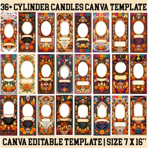 Puede incluir: Una colección digital de más de 36 plantillas de Canva para velas cilíndricas con temas del Día de los Muertos, incluyendo calaveras de azúcar, flores de cempasúchil y banderas coloridas. Cada diseño incluye un marco ovalado central.