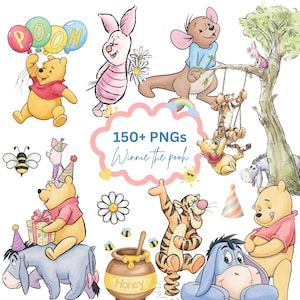 Pode incluir: Uma coleção de ilustrações em aquarela com o Ursinho Pooh e seus amigos. A imagem inclui personagens como Pooh, Leitão, Tigrão, Eeyore e Kanga. O texto "150+ PNGs Winnie the Pooh" também é visível.