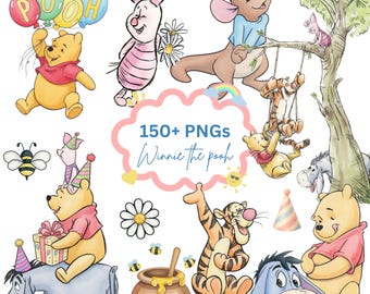 May include: A collection of watercolor illustrations featuring Winnie the Pooh and friends. The image includes characters like Pooh, Piglet, Tigger, Eeyore, and Kanga. The text "150+ PNGs Winnie the Pooh" is also visible.