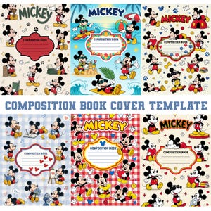 Pode incluir: Seis modelos de capas para cadernos de composição com o Mickey Mouse em várias poses e cenários. Cada capa inclui o texto MICKEY e uma área central de etiqueta marcada como COMPOSITION BOOK, rodeada por padrões do Mickey Mouse.