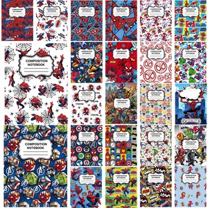 May include: A collection of thirty composition notebooks featuring various Marvel superhero designs, including Spider-Man, the Avengers, and other comic book characters. Each notebook has a white label with the text COMPOSITION NOTEBOOK.