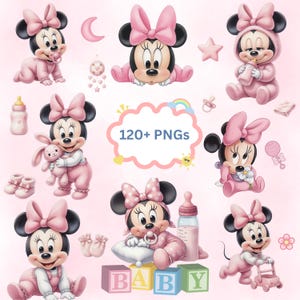 Puede incluir: Una colección de gráficos PNG de Minnie Mouse con temática de bebé en rosa. Las imágenes incluyen a Minnie Mouse en varias poses, con accesorios para bebés como biberones, chupetes y bloques que deletrean "BABY". También se incluye el texto "120+ PNGs".