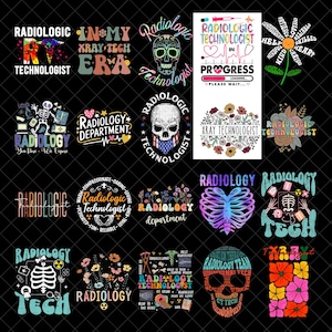 Pode incluir: Uma coleção de 18 designs digitais coloridos com as palavras "Radiologia" e "Tech" em várias fontes e estilos. Alguns designs incluem uma caveira, uma caixa torácica e flores.