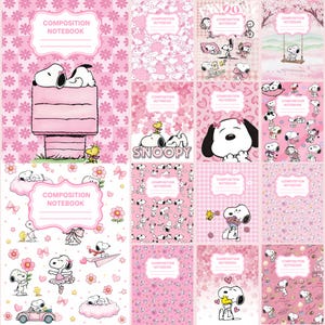 Op de afbeelding: Een collectie roze compositieschriften met Snoopy en Woodstock in diverse scènes. Elk schrift heeft een wit label met de tekst COMPOSITION NOTEBOOK. De ontwerpen bevatten bloemenpatronen, hartjes en de personages in verschillende houdingen.