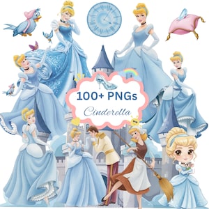 Pode incluir: Uma coleção de imagens digitais com o tema Cinderela. As imagens apresentam Cinderela em seu icônico vestido azul, um sapatinho de cristal, um relógio e outros elementos relacionados. O texto "100+ PNGs Cinderella" também está incluído.