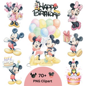 Pode incluir: Uma coleção de cliparts PNG em estilo aquarela com os personagens Mickey e Minnie Mouse. As imagens incluem Mickey e Minnie com balões, presentes e bolos de aniversário. A frase "Happy Birthday" também está incluída.