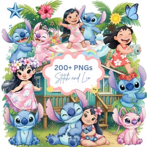 4000px 200 PNG Lilo och Stitch akvarell Clipart Bundle PNG, Lilo och Stitch Clipart, Strand tropiska blommor Clipart, Söta Stitch-figurer