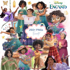 May include: A collection of colorful digital illustrations featuring characters from Disney's Encanto. The images include various characters in vibrant outfits, with the text "250+ PNGs Encanto" on a pink cloud-shaped graphic.