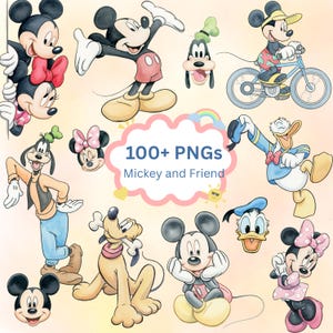 Op de afbeelding: Waterverfillustraties van Mickey Mouse en vrienden, waaronder Minnie Mouse, Goofy, Donald Duck en Pluto. De afbeelding bevat de tekst "100+ PNGs Mickey and Friend" in een roze wolkontwerp, met een regenboog en een zon.