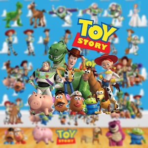 Pode incluir: Uma imagem vibrante com personagens do filme de animação "Toy Story". Os personagens incluem Woody, Buzz Lightyear, Rex, Jessie, Sr. Cara de Batata e outros. O logotipo "Toy Story" é exibido de forma proeminente no centro, com um fundo azul.