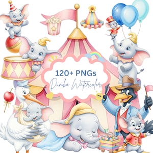 Peut inclure: Ensemble d'illustrations à l'aquarelle mettant en scène Dumbo l'éléphant et des éléments de cirque. Comprend un chapiteau, des ballons, du pop-corn et des personnages de Dumbo. Le texte indique "120+ PNGs Dumbo Watercolor."