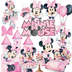Pode incluir: Ilustração em aquarela com Minnie Mouse em várias poses. Minnie usa laços, vestidos e acessórios rosa. A imagem inclui um castelo rosa, balões, um carro e o texto "Minnie Mouse."