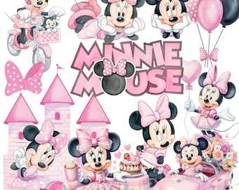 Op de afbeelding: Waterverfillustratie met Minnie Mouse in verschillende poses. Minnie draagt roze strikken, jurken en accessoires. De afbeelding bevat een roze kasteel, ballonnen, een auto en de tekst "Minnie Mouse."